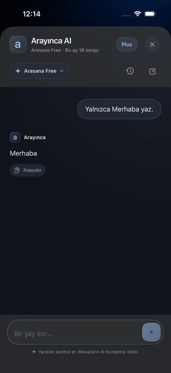 Arayınca iOS uygulamasında Arasana Free ile tamamlanmış bir AI sohbeti