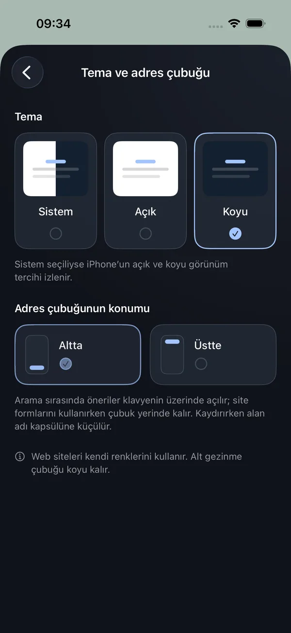 Arayınca tema ve adres çubuğu ayarları; sistem, açık, koyu ve üst-alt konum seçenekleri