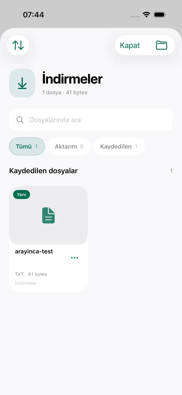 Arayınca iOS indirmeler ekranı, dosya araması ve örnek kaydedilmiş dosya