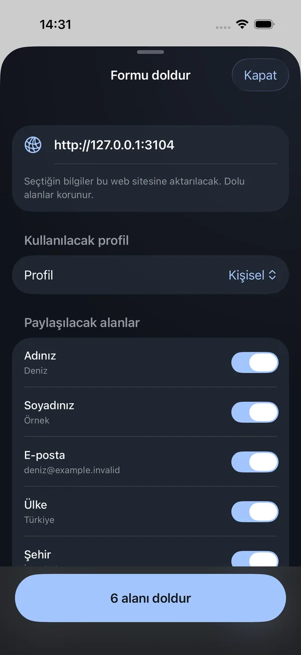 Arayınca form doldurma önizlemesinde ad, e-posta ve adres için ayrı paylaşım anahtarları
