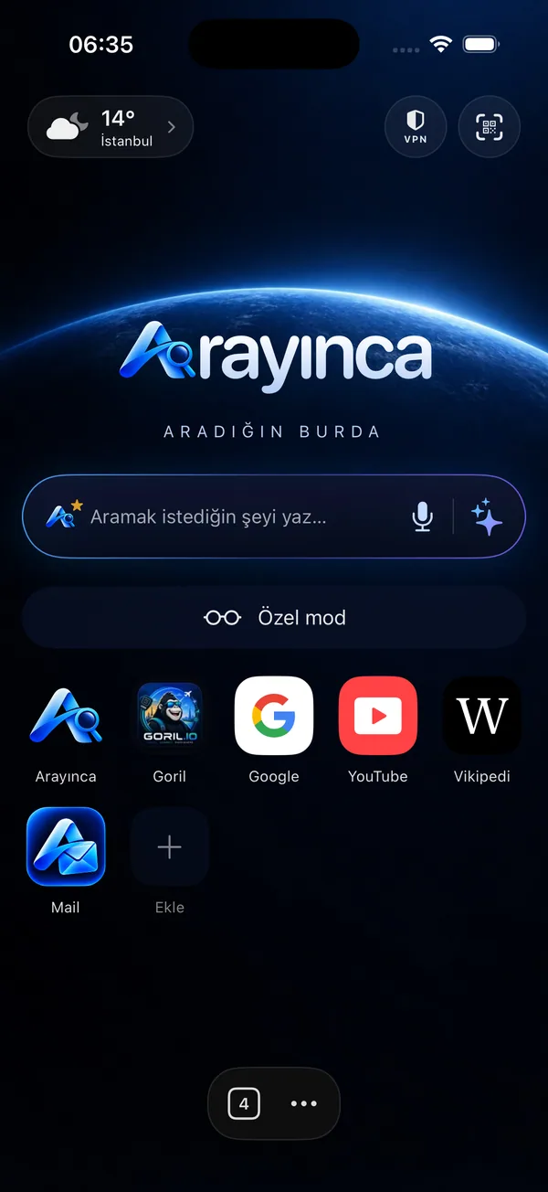 Arayınca iOS ana sayfası; uzay arka planı, arama alanı, özel mod, Mail ve site kısayolları