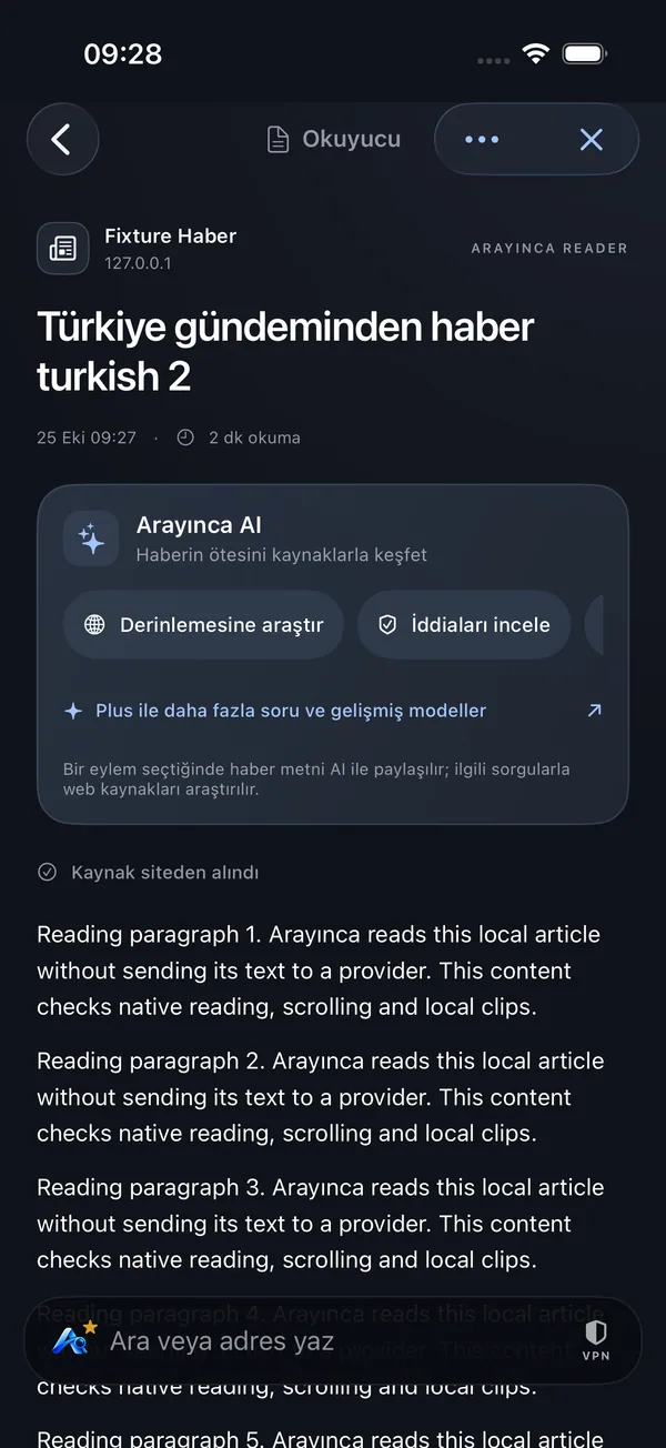 Arayınca haber okuyucusu, kaynak bilgisi ve derinlemesine araştırma seçenekleri