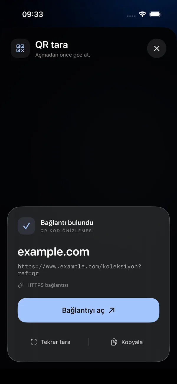 Arayınca QR tarayıcısında example.com hedefini açmadan önce gösteren bağlantı önizlemesi