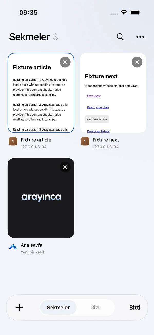 Arayınca iOS sekme yönetiminin açık temada ızgara görünümü